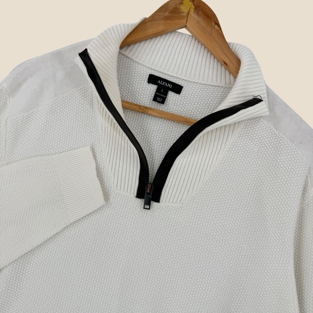 Alfani Sweater Mens Size L White Textured Cotton Crew Neck Cotton Minimalist